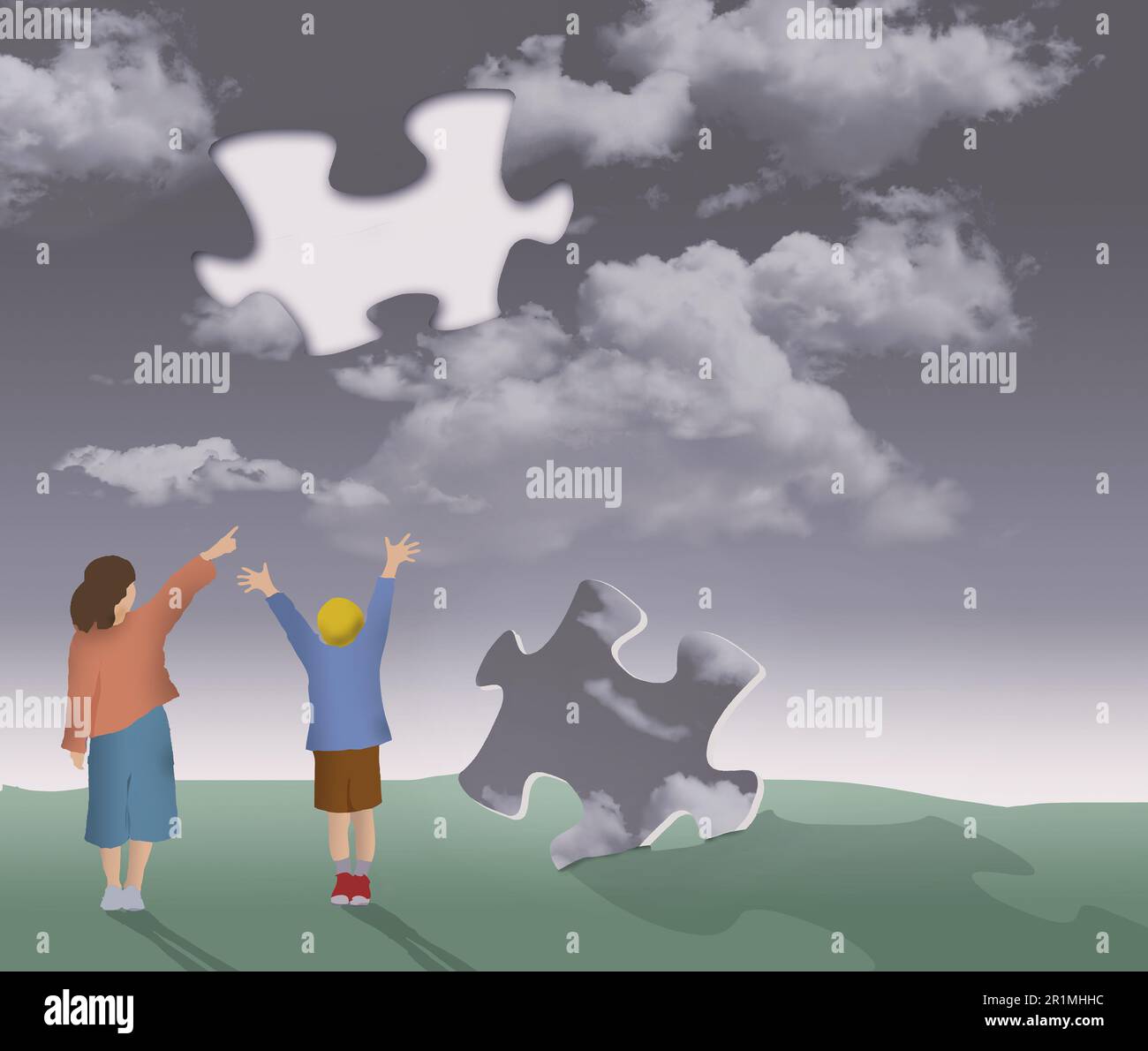 The sky is falling. Children, a girl and a boy observe that a jigsaw ...