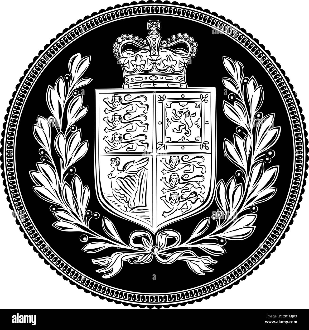 British money gold coin Sovereign with crown, coat of arms in laurel wreath, black and white Stock Vector