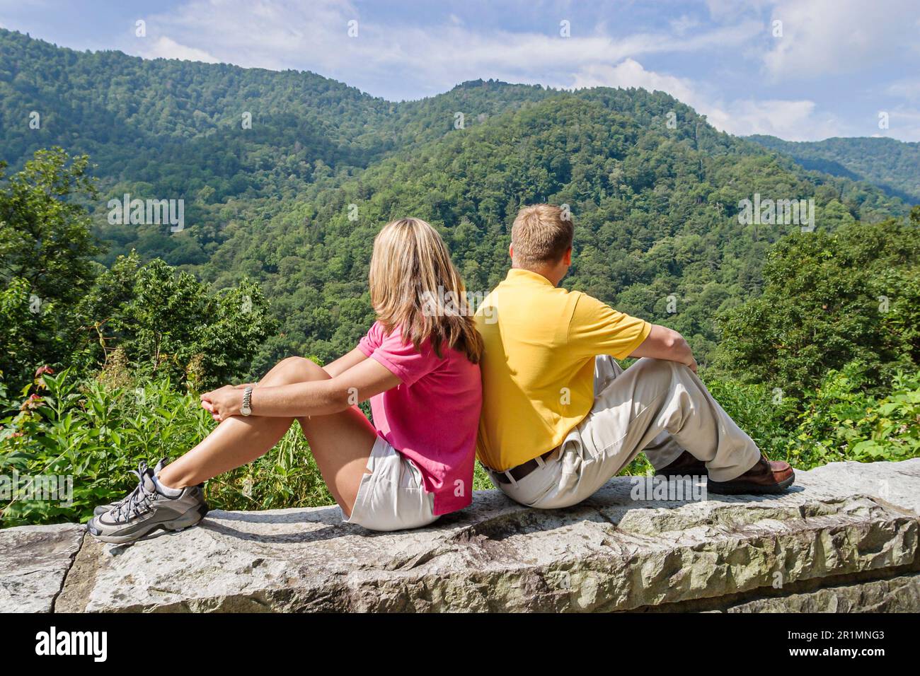 Tennessee Great Smoky Mountains National Park,nature natural scenery mountain ridge,man woman female couple hiking observation point back to back, Stock Photo