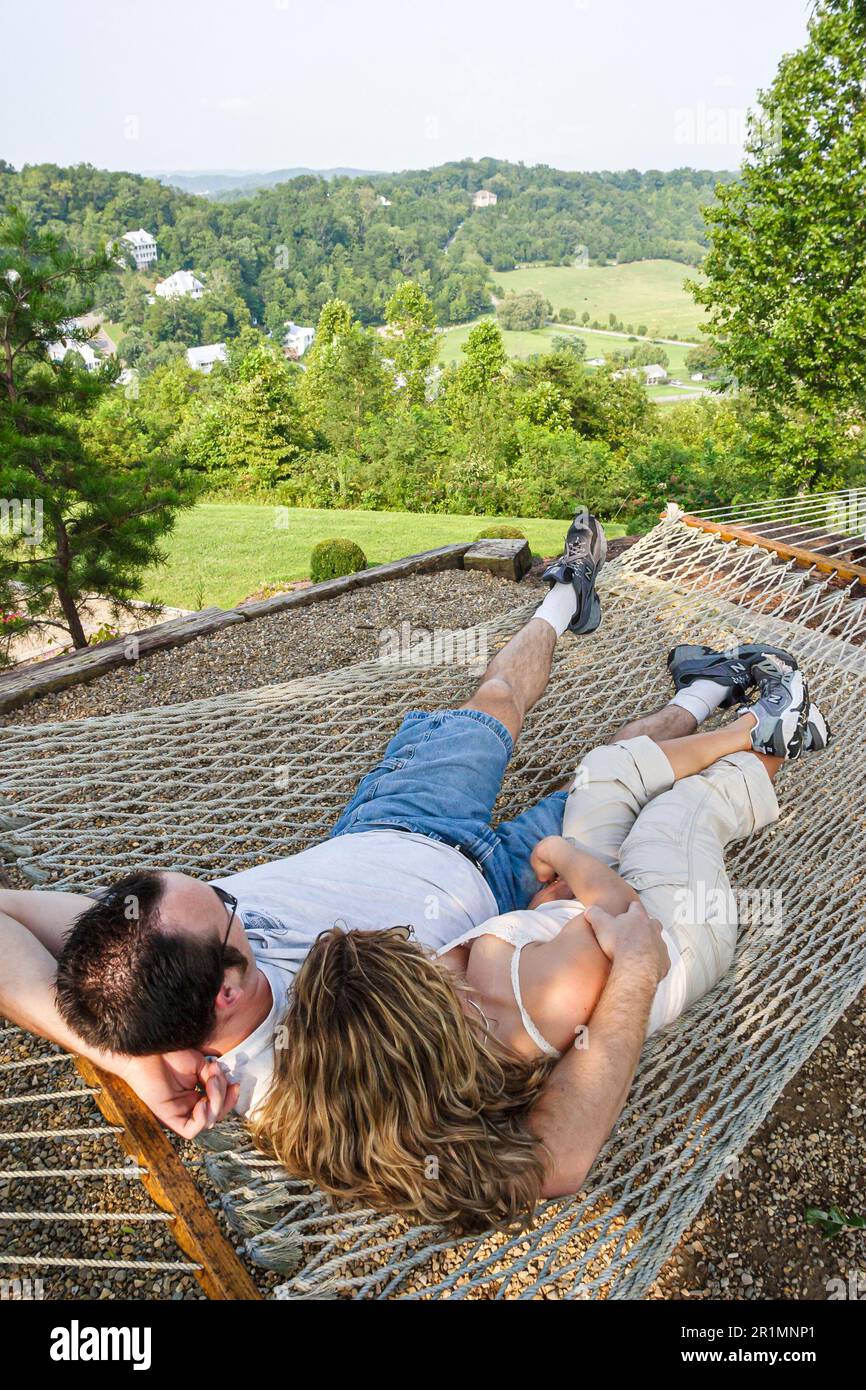 Sevierville Tennessee,Hidden Mountain Resort,man woman female couple relaxing hammock vacation, Stock Photo