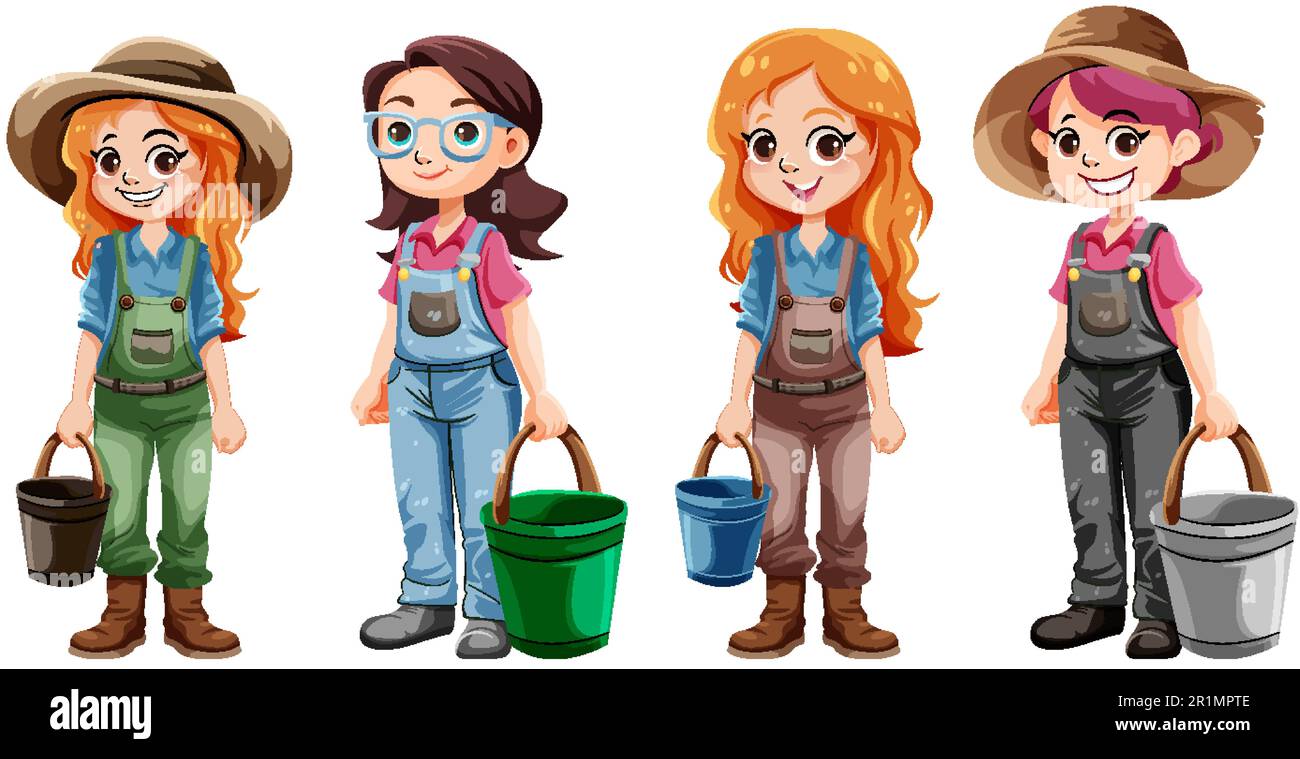 Set of farmer girl cartoon character illustration Stock Vector Image ...