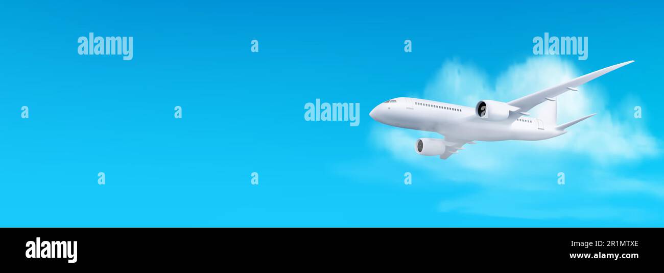 3d white airplane flying on blue sky landscape background with cloud, vector illustration, Realistic banner with blank passenger jet flight, bottom view, aviation concept or vacation trip ads mockup Stock Vector