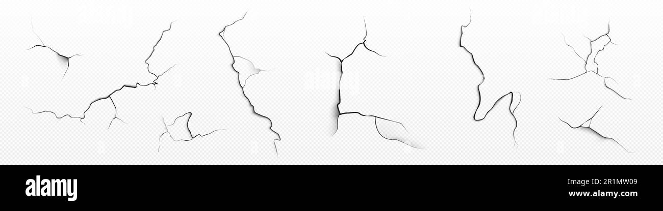 Paint wall crack effect vector set on transparent background. Isolated cleft pattern brush for grunge destruction design. Old plaster or stucco scratch edge shape realistic texture collection Stock Vector