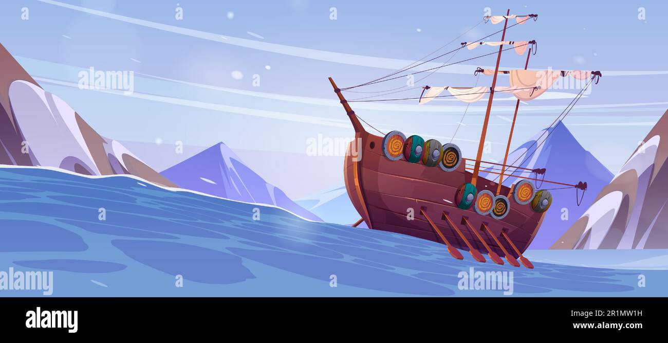 Cartoon viking ship floating in stormy Nordic sea surrounded by mountains. Vector illustration of old wooden boat sailing with oars and traditional scandinavian shields on board. Medieval warship Stock Vector