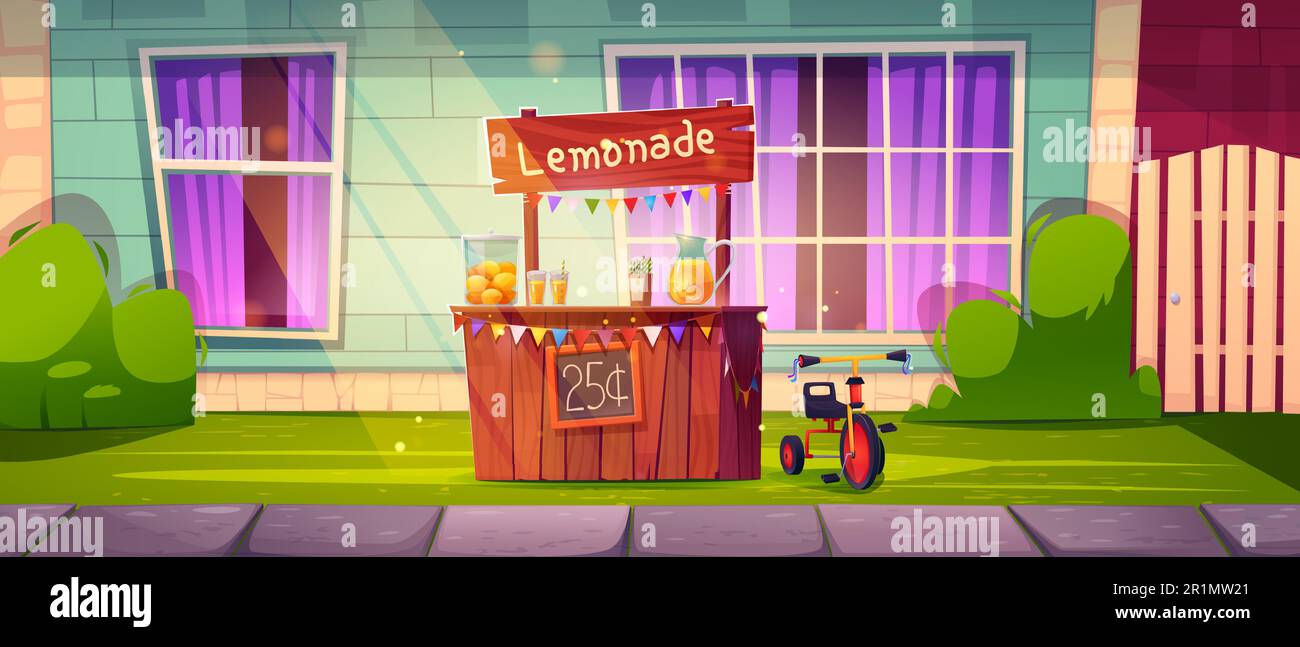 Cartoon lemonade stand in house yard. Vector illustration of small shop selling fresh homemade