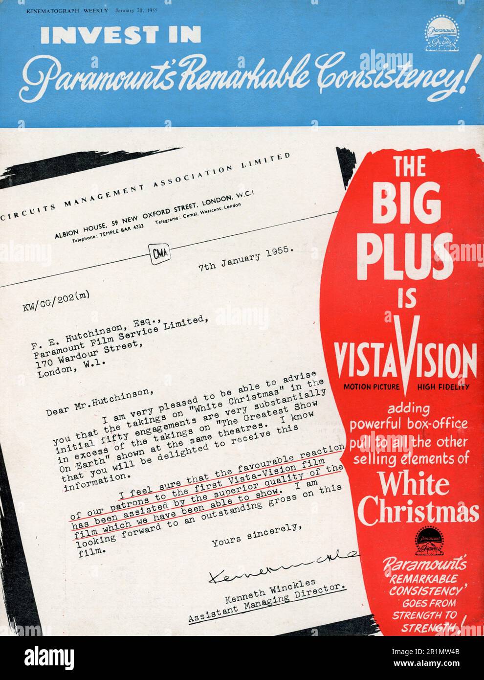 British Trade Ad from January 1955 promoting the first VISTAVISION film WHITE CHRISTMAS 1954 director MICHAEL CURTIZ starring BING CROSBY DANNY KAYE ROSEMARY CLOONEY and VERA ELLEN produced by Paramount Pictures Stock Photo