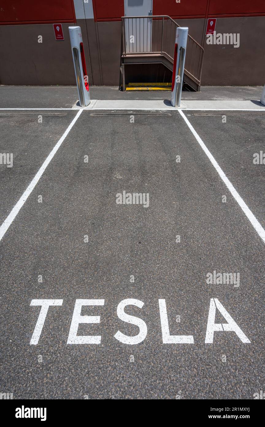 Tesla EV charging station in the Coles car park, Tenterfield, new south