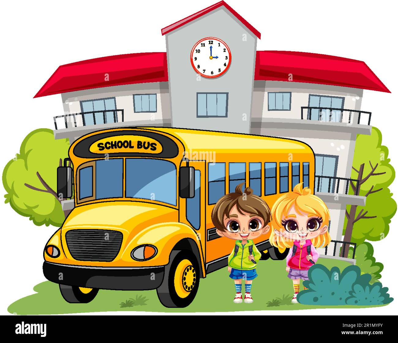 Student with school bus in front of school illustration Stock Vector ...