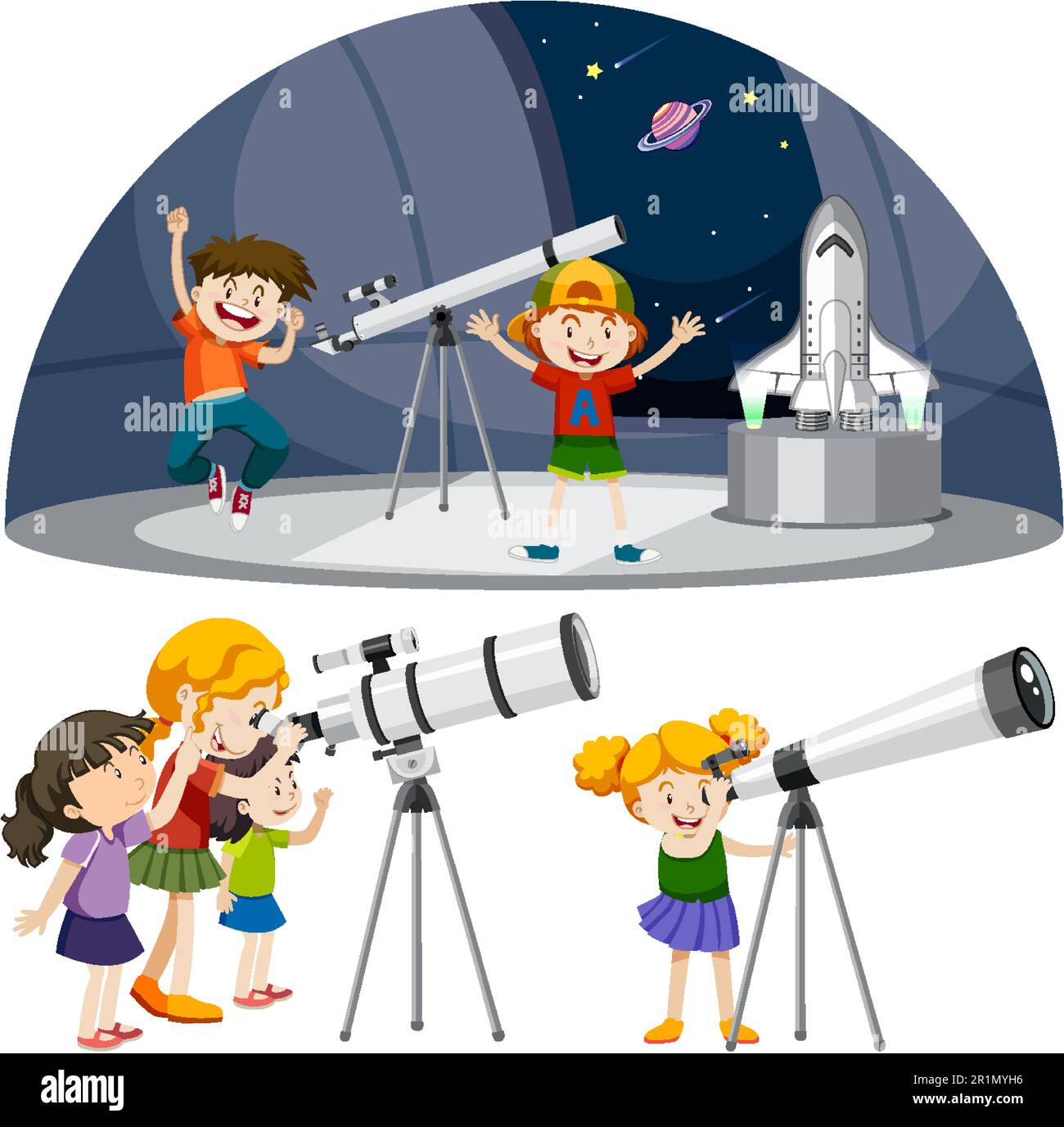 Playful Children Using Telescopes Vector Collection illustration Stock