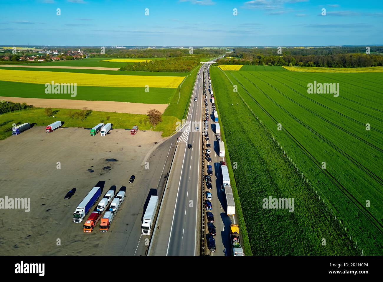 Traffic jam on A4 motorway in Poland due to an accident. Cars and ...