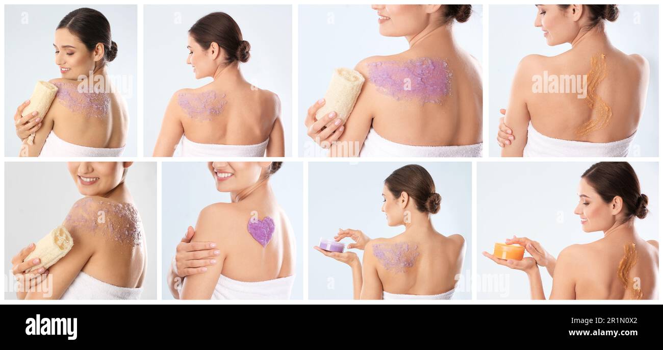 Collage with photos of young woman applying body scrubs on light grey ...