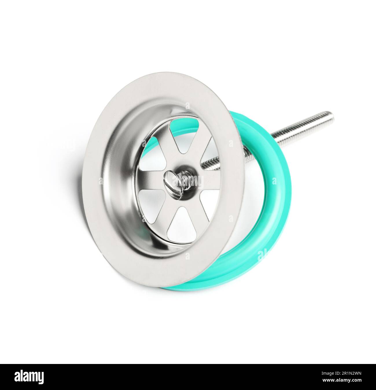 Sink strainer with rubber seal isolated on white. Plumbing supply Stock
