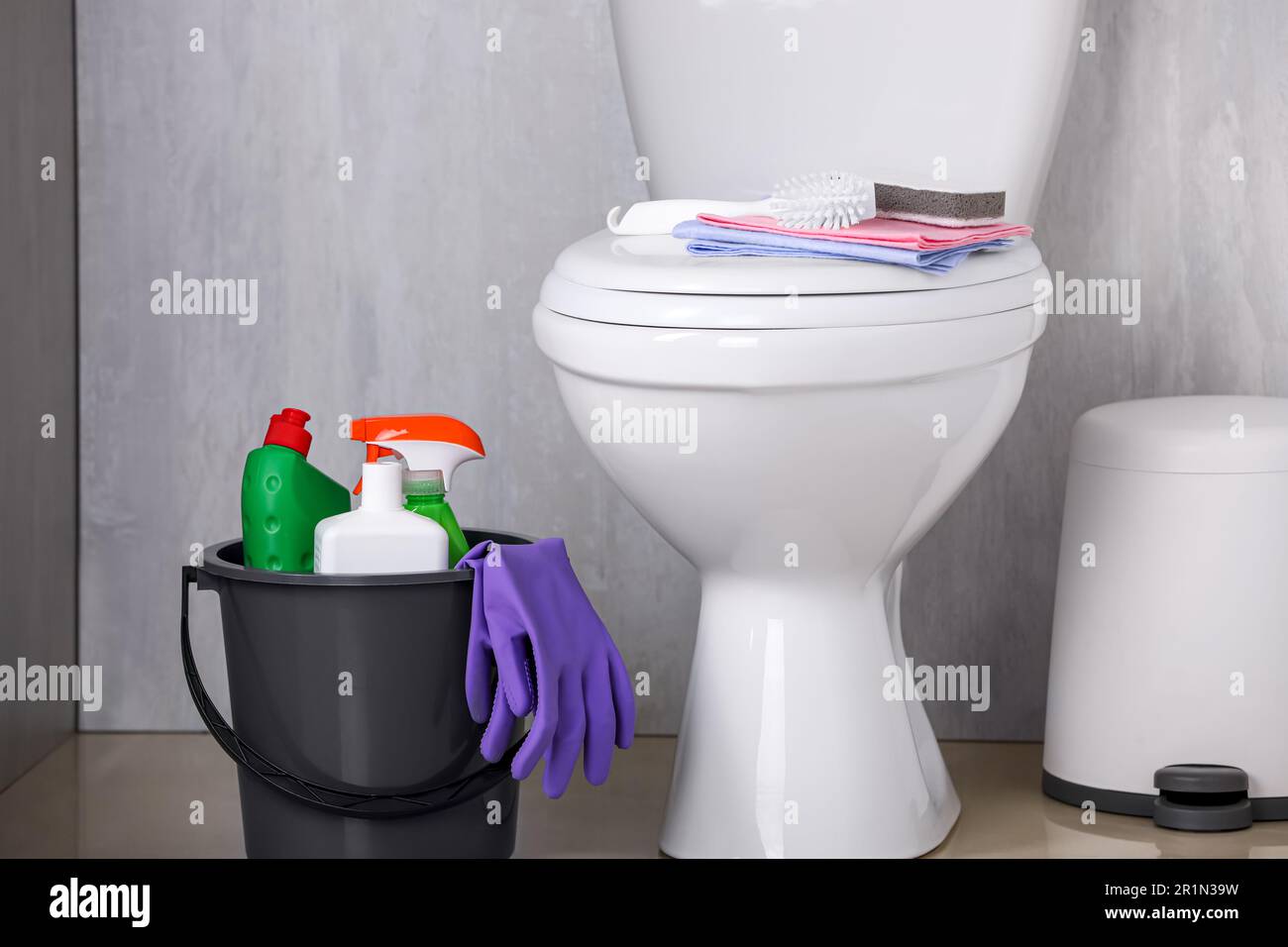 Bucket Toilet Cleaning Supplies Floor Indoors Space Text Stock