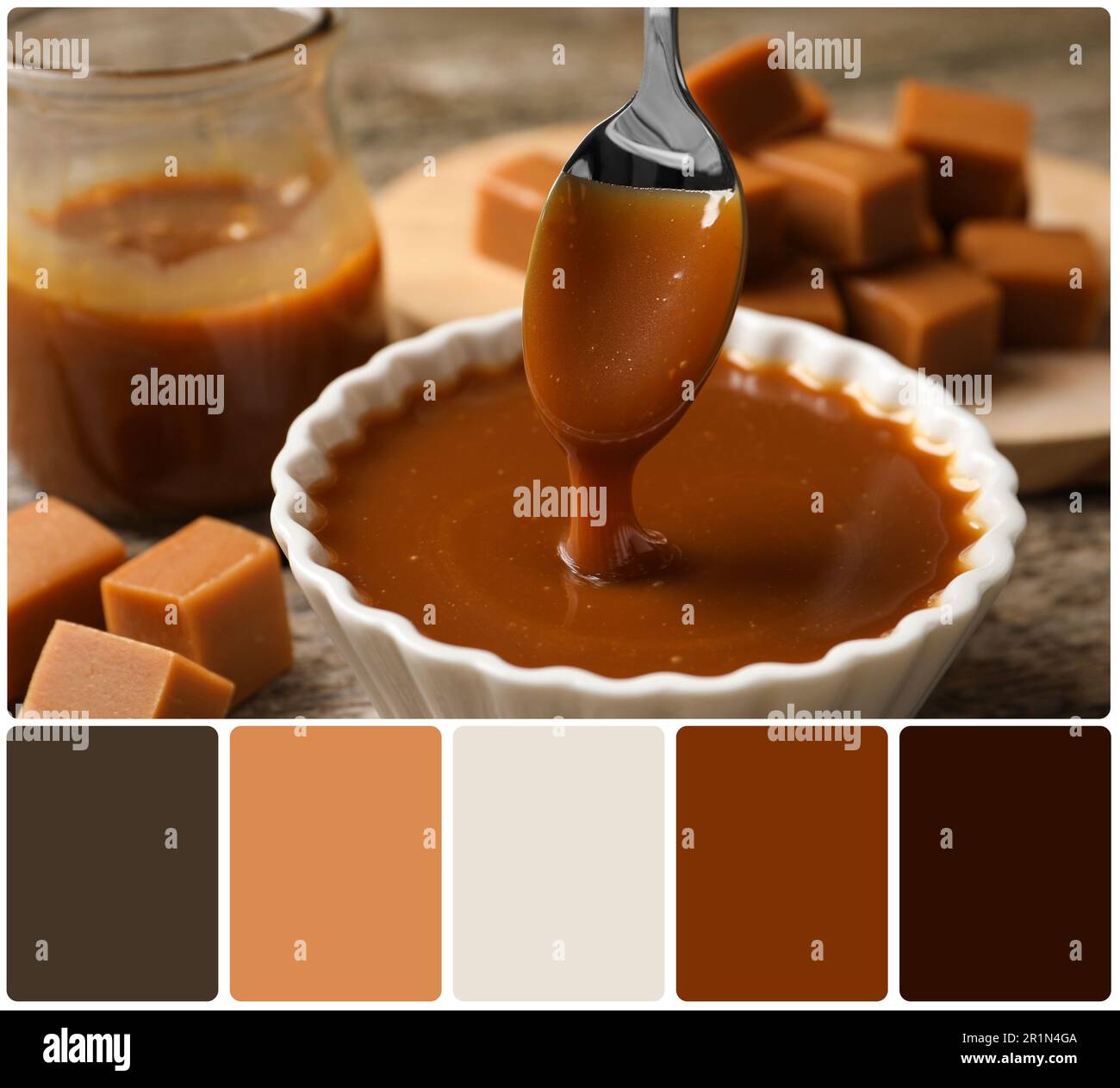Taking tasty salted caramel with spoon from bowl at table and color