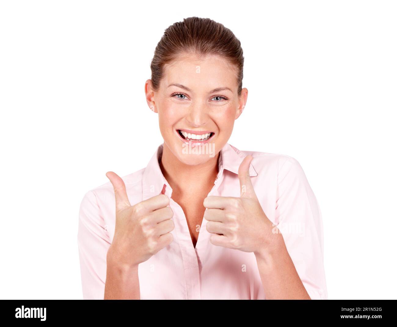 Happy woman, portrait and hands in thumbs up for winning, success or ...