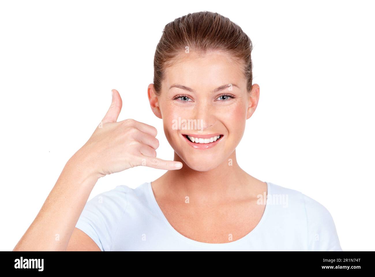 Portrait, happy woman and call me for hands in white background