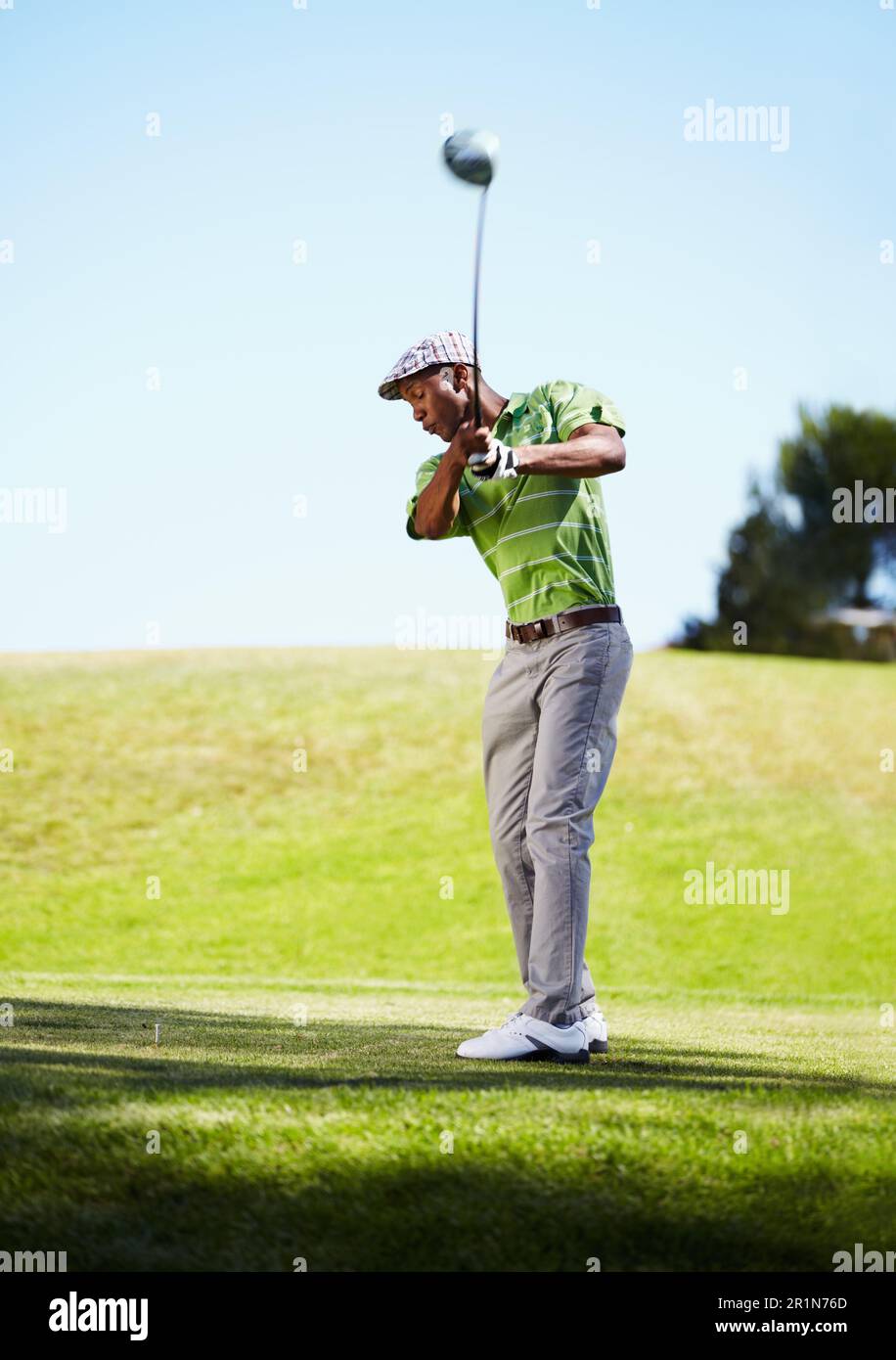 Sports, golf swing and black man with stroke in game, match and competition  on golfing course. Recreation, hobby and male athlete with club driver on  Stock Photo - Alamy