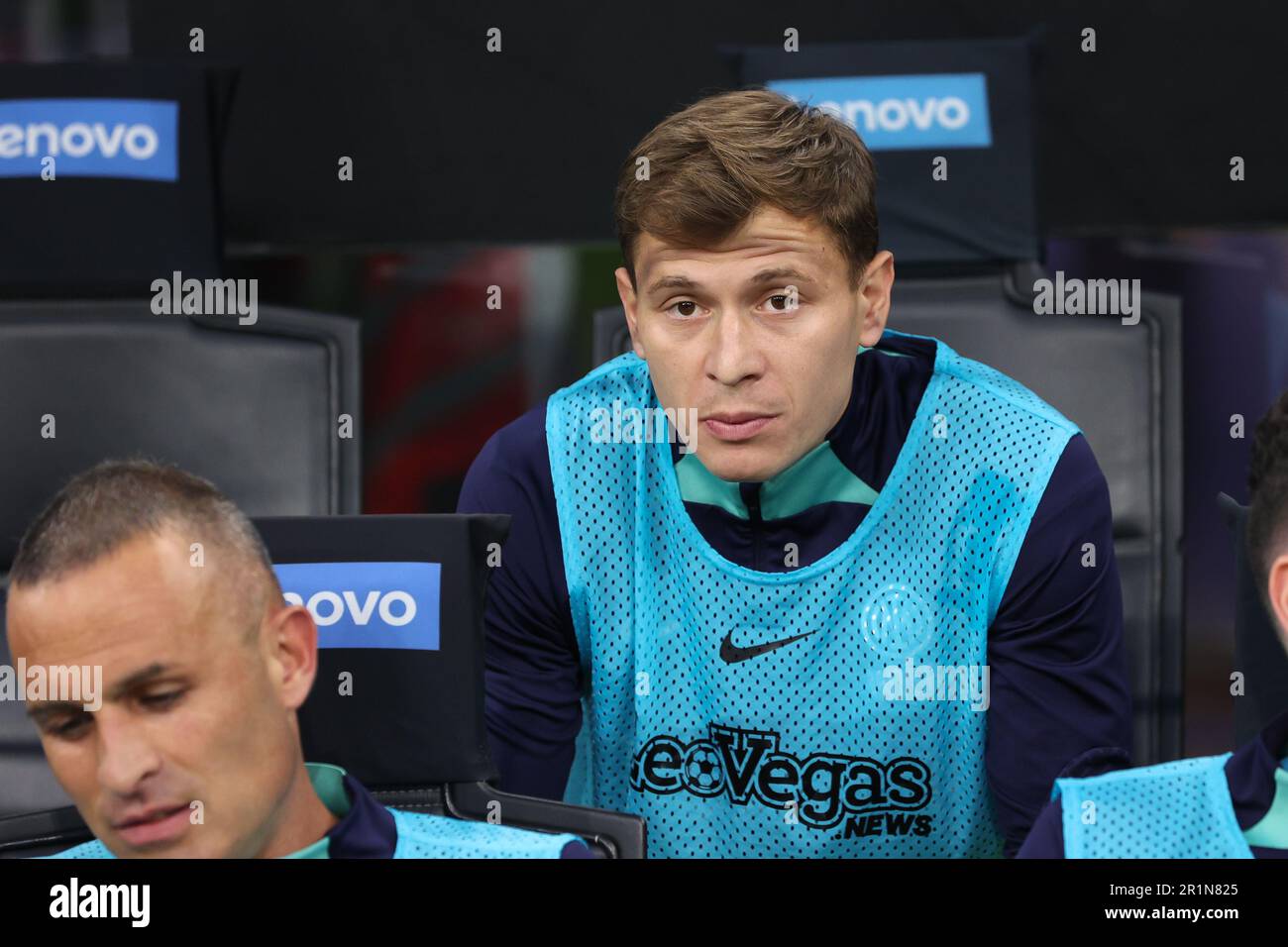 Milan, Italy. 13th May, 2023. Italy, Milan, may 13 2023: Nicolo Barella (FC Inter midfielder) seated in the bench prior the kick-off during soccer game FC INTER vs SASSUOLO, Serie A Tim 2022-2023 day35 San Siro stadium (Photo by Fabrizio Andrea Bertani/Pacific Press) Credit: Pacific Press Media Production Corp./Alamy Live News Stock Photo