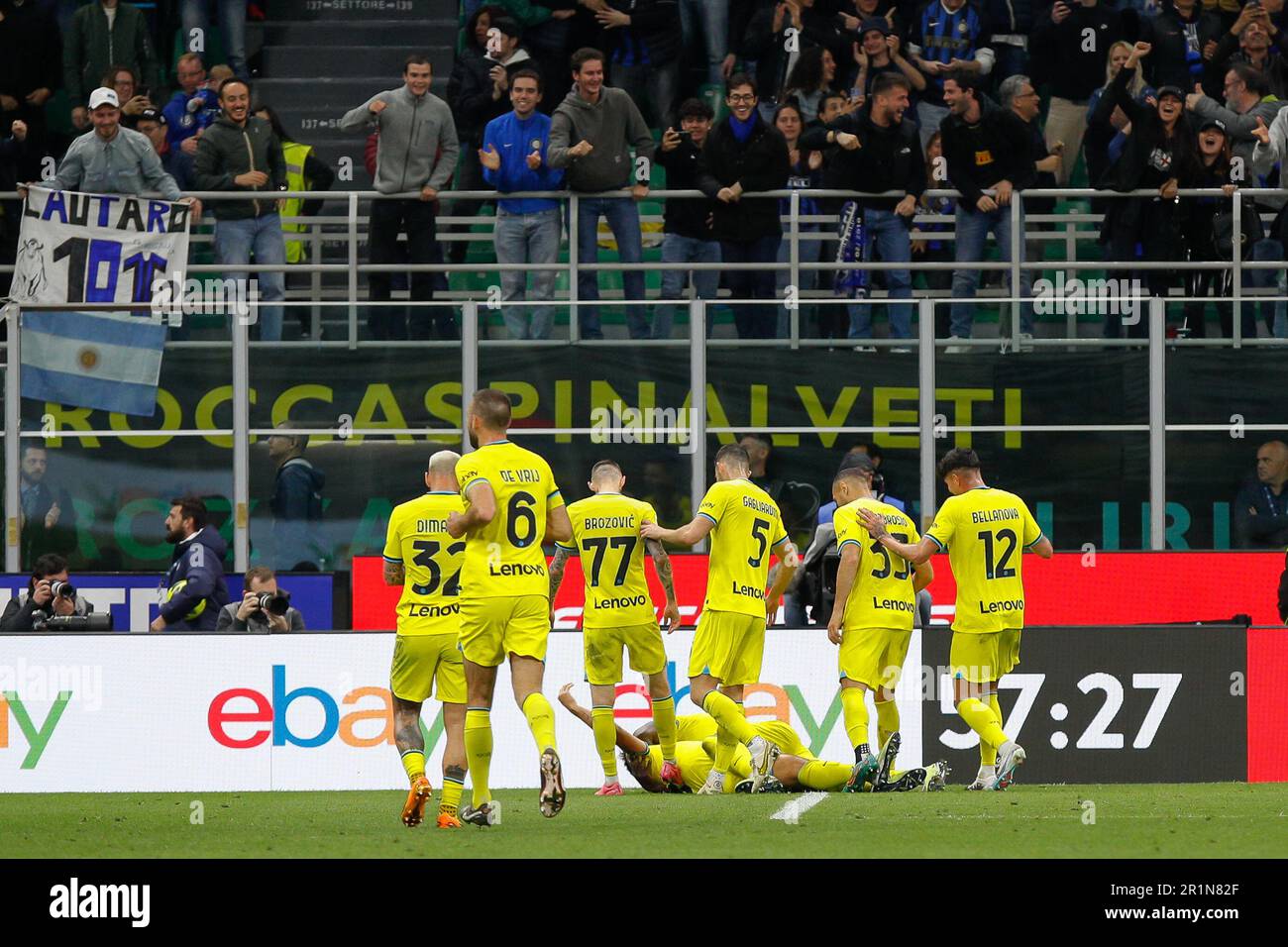 Milan, Italy. 13th May, 2023. Italy, Milan, may 13 2023: Lautaro Martinez (FC Inter striker) scores and celebrates the 3-0 goal at 58' during soccer game FC INTER vs SASSUOLO, Serie A Tim 2022-2023 day35 San Siro stadium (Photo by Fabrizio Andrea Bertani/Pacific Press) Credit: Pacific Press Media Production Corp./Alamy Live News Stock Photo