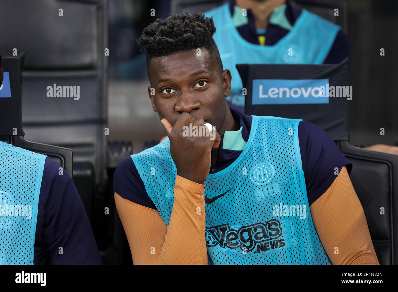 Milan, Italy. 13th May, 2023. Italy, Milan, may 13 2023: Andre Onana (FC Inter goalkeeper) seated in the bench prior the kick-off during soccer game FC INTER vs SASSUOLO, Serie A Tim 2022-2023 day35 San Siro stadium (Photo by Fabrizio Andrea Bertani/Pacific Press) Credit: Pacific Press Media Production Corp./Alamy Live News Stock Photo