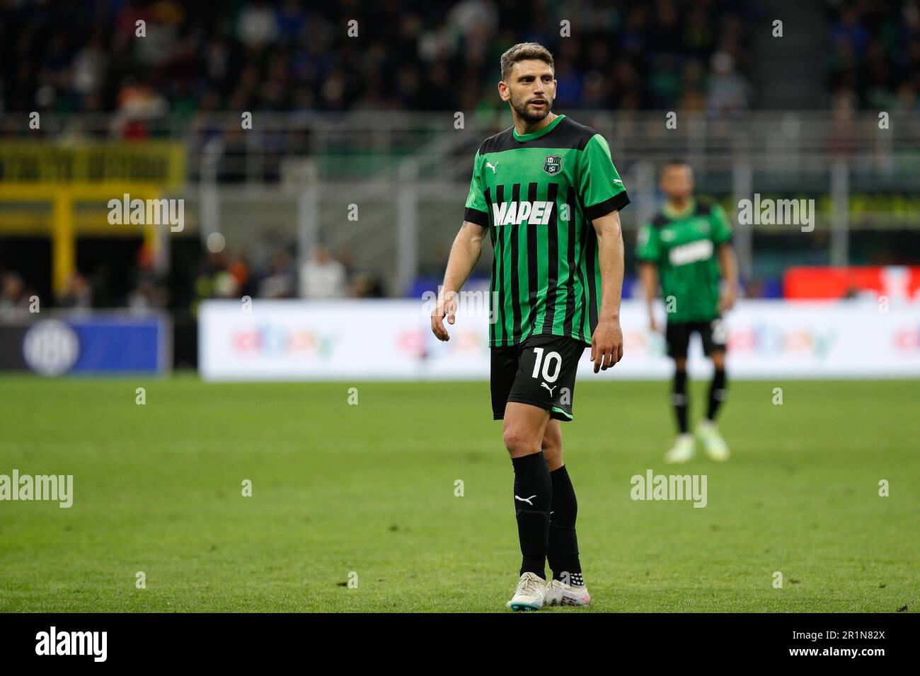 Milan, Italy. 13th May, 2023. Italy, Milan, may 13 2023: Domenico Berardi (Sassuolo striker) waiting for a throw-in in the second half during soccer game FC INTER vs SASSUOLO, Serie A Tim 2022-2023 day35 San Siro stadium (Photo by Fabrizio Andrea Bertani/Pacific Press) Credit: Pacific Press Media Production Corp./Alamy Live News Stock Photo