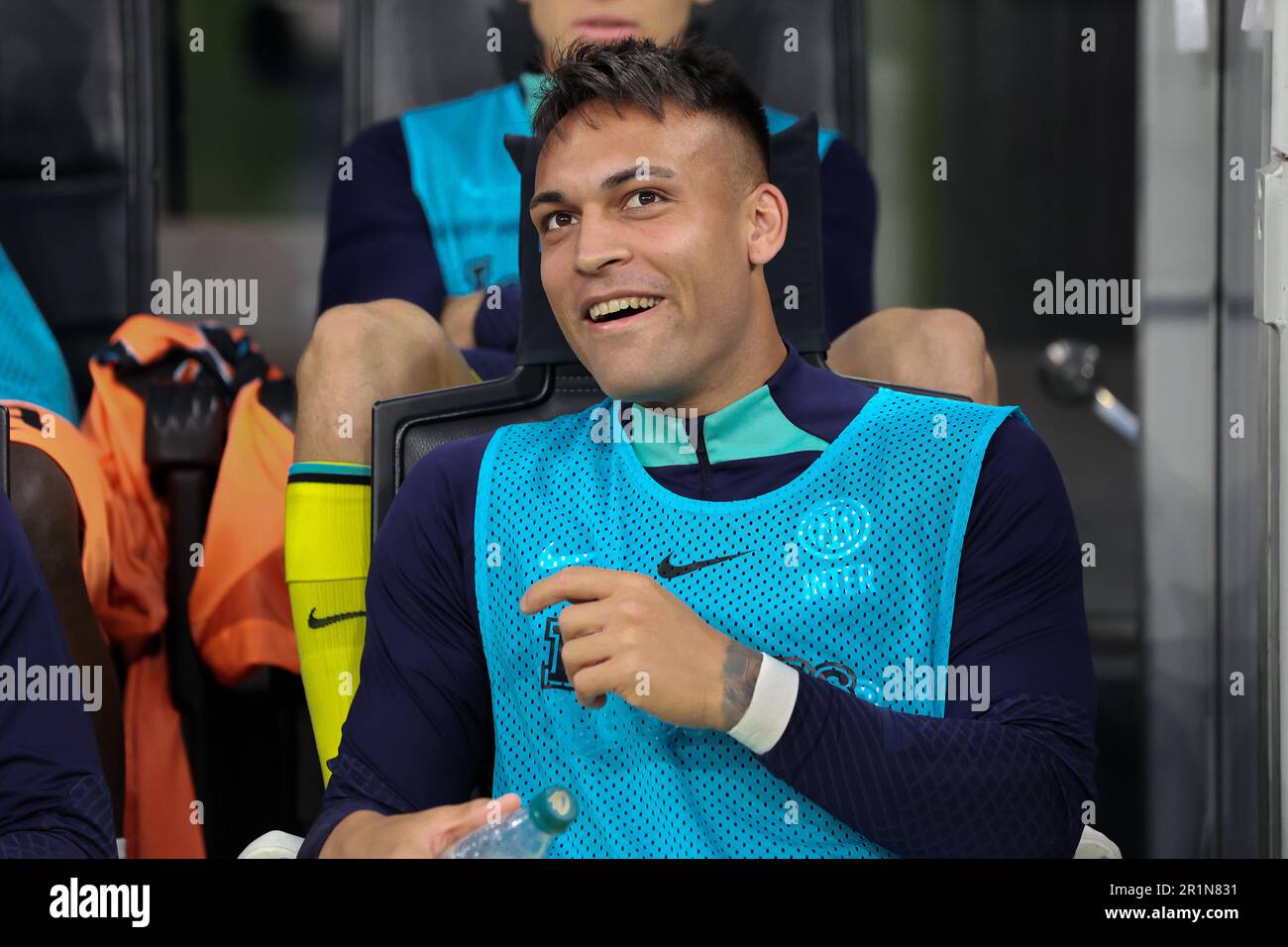 Milan, Italy. 13th May, 2023. Italy, Milan, may 13 2023: Lautaro Martinez (FC Inter striker) seated in the bench prior the kick-off during soccer game FC INTER vs SASSUOLO, Serie A Tim 2022-2023 day35 San Siro stadium (Photo by Fabrizio Andrea Bertani/Pacific Press) Credit: Pacific Press Media Production Corp./Alamy Live News Stock Photo