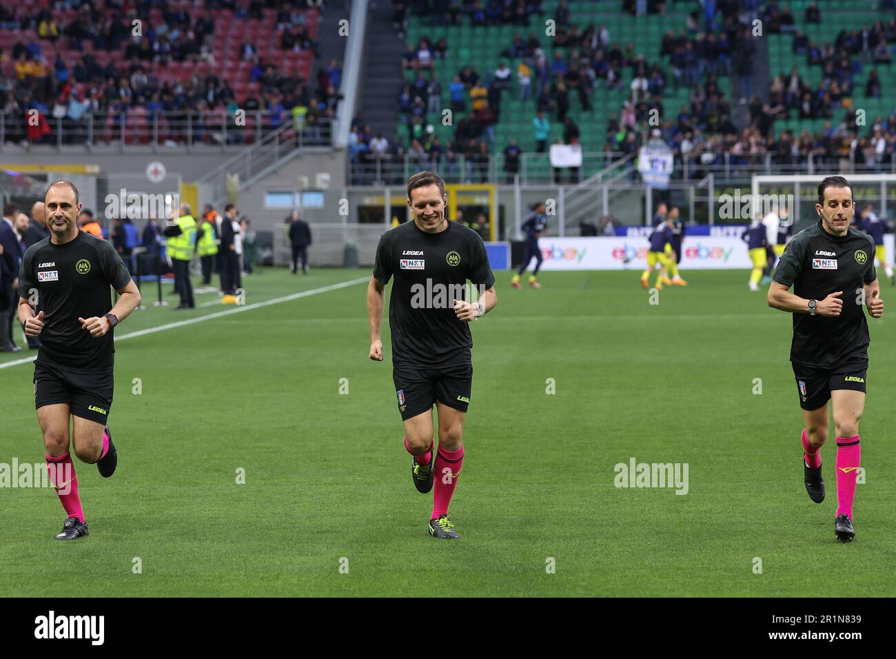 Milan, Italy. 13th May, 2023. Italy, Milan, may 13 2023: Matteo Marcenaro (referee) and assistants make sprints during warm up about soccer game FC INTER vs SASSUOLO, Serie A Tim 2022-2023 day35 San Siro stadium (Photo by Fabrizio Andrea Bertani/Pacific Press) Credit: Pacific Press Media Production Corp./Alamy Live News Stock Photo