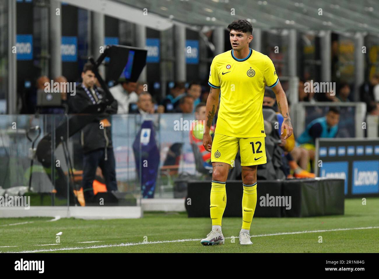 Milan, Italy. 13th May, 2023. Italy, Milan, may 13 2023: Raoul Bellanova (FC Inter defender) waiting for a throw-in in the first half during soccer game FC INTER vs SASSUOLO, Serie A Tim 2022-2023 day35 San Siro stadium (Photo by Fabrizio Andrea Bertani/Pacific Press) Credit: Pacific Press Media Production Corp./Alamy Live News Stock Photo