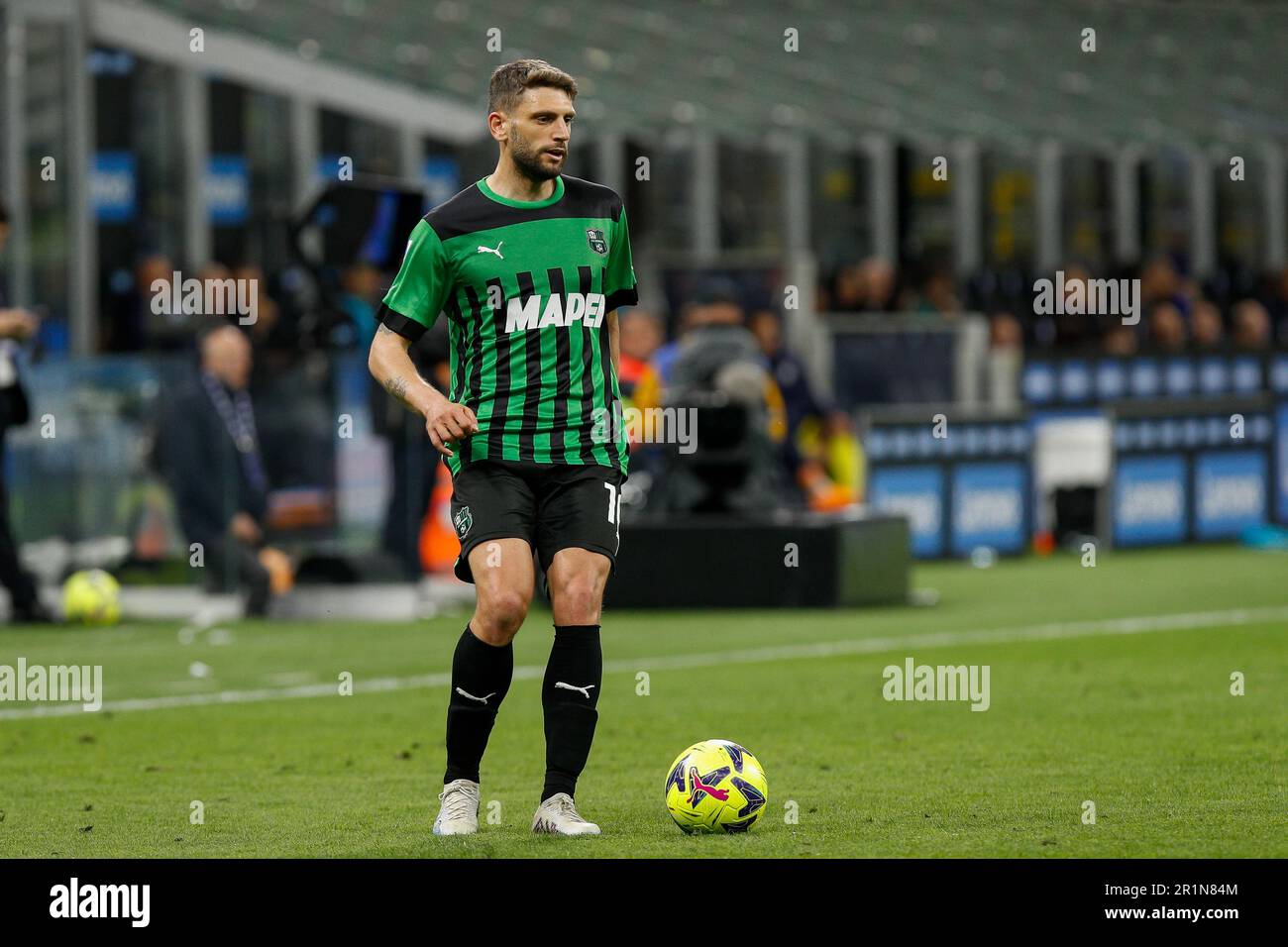 Milan, Italy. 13th May, 2023. Italy, Milan, may 13 2023: Domenico Berardi (Sassuolo striker) dribbles in front court in the second half during soccer game FC INTER vs SASSUOLO, Serie A Tim 2022-2023 day35 San Siro stadium (Photo by Fabrizio Andrea Bertani/Pacific Press) Credit: Pacific Press Media Production Corp./Alamy Live News Stock Photo