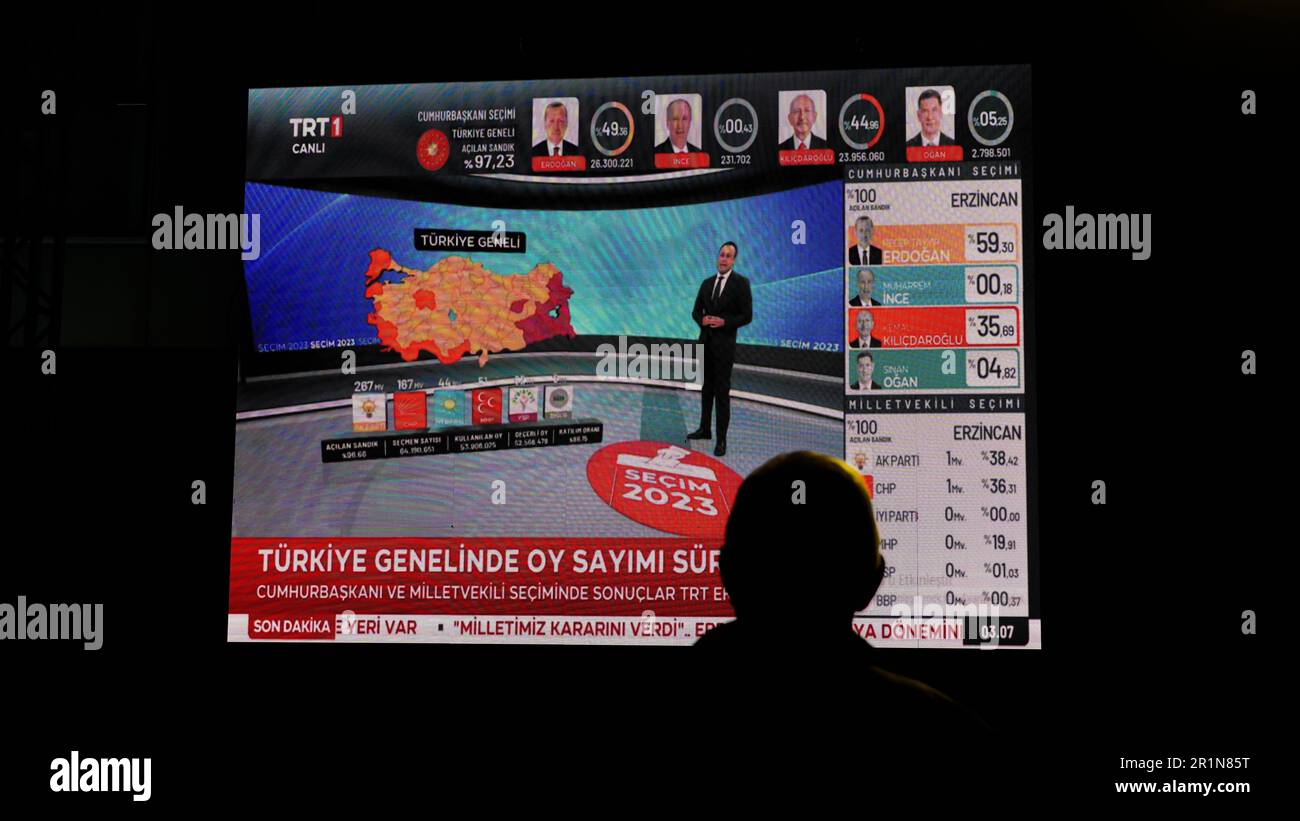 Izmir, Turkey. 15th May, 2023. AK Party supporters are watching live updates of the Turkish 2023 General Elections at midnight in front of the AK Party Izmir Provincial Presidency. Erdogan leads with 49.49% of the vote, Kilicdaroglu takes 44.79% of the vote after 91.93% of ballots were counted, the head of Turkey's Supreme Election Council said in early Monday. (Photo by Idil Toffolo/Pacific Press) Credit: Pacific Press Media Production Corp./Alamy Live News Stock Photo