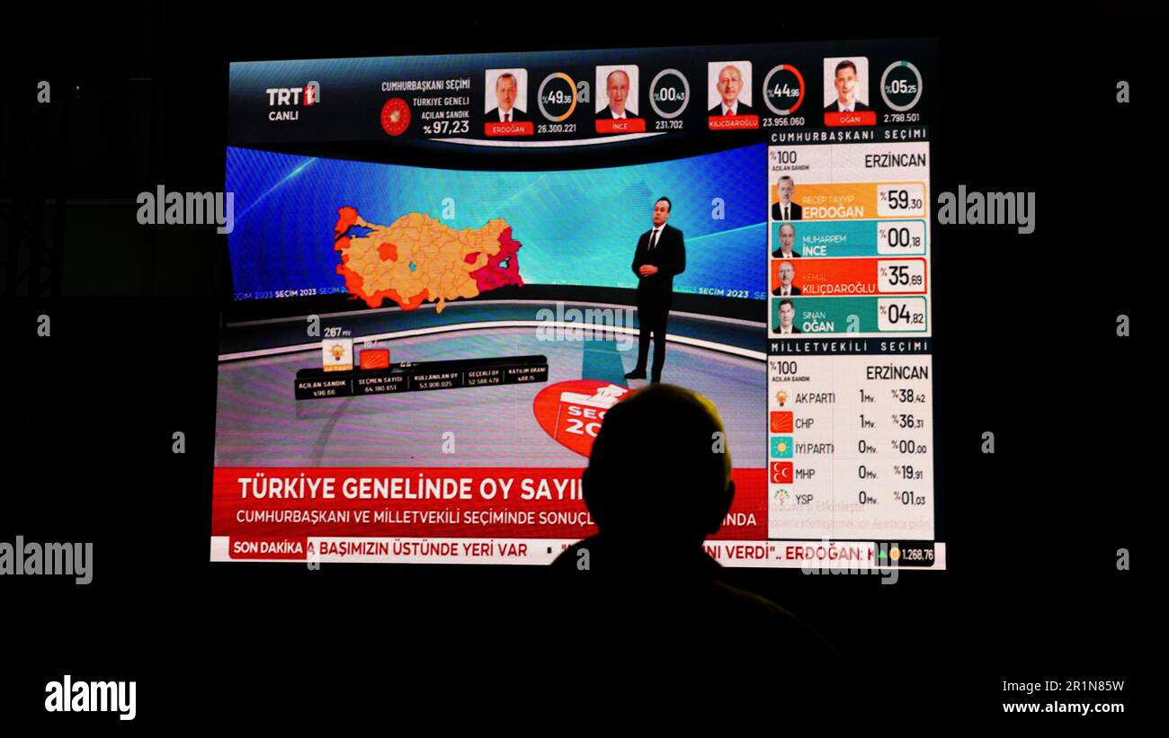 Izmir, Turkey. 15th May, 2023. AK Party supporters are watching live updates of the Turkish 2023 General Elections at midnight in front of the AK Party Izmir Provincial Presidency. Erdogan leads with 49.49% of the vote, Kilicdaroglu takes 44.79% of the vote after 91.93% of ballots were counted, the head of Turkey's Supreme Election Council said in early Monday. (Photo by Idil Toffolo/Pacific Press) Credit: Pacific Press Media Production Corp./Alamy Live News Stock Photo
