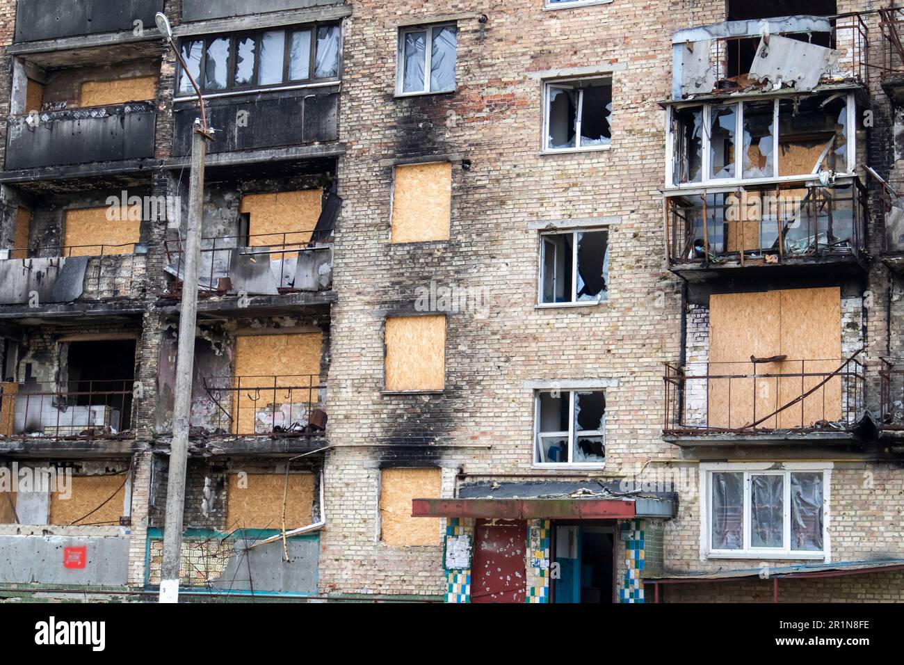 Burnt apartments in a multistorey residential building, the