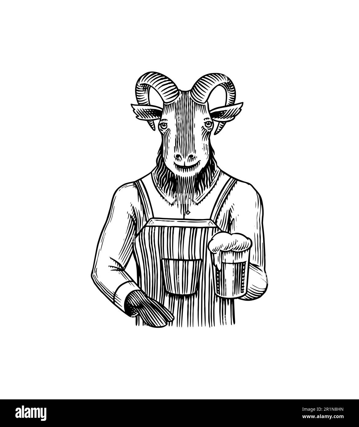 Goat bartender character in a suit with beer. Fashion Animal in Retro Clothing in an apron. Vintage engraving style. Hand drawn sketch for typography Stock Vector