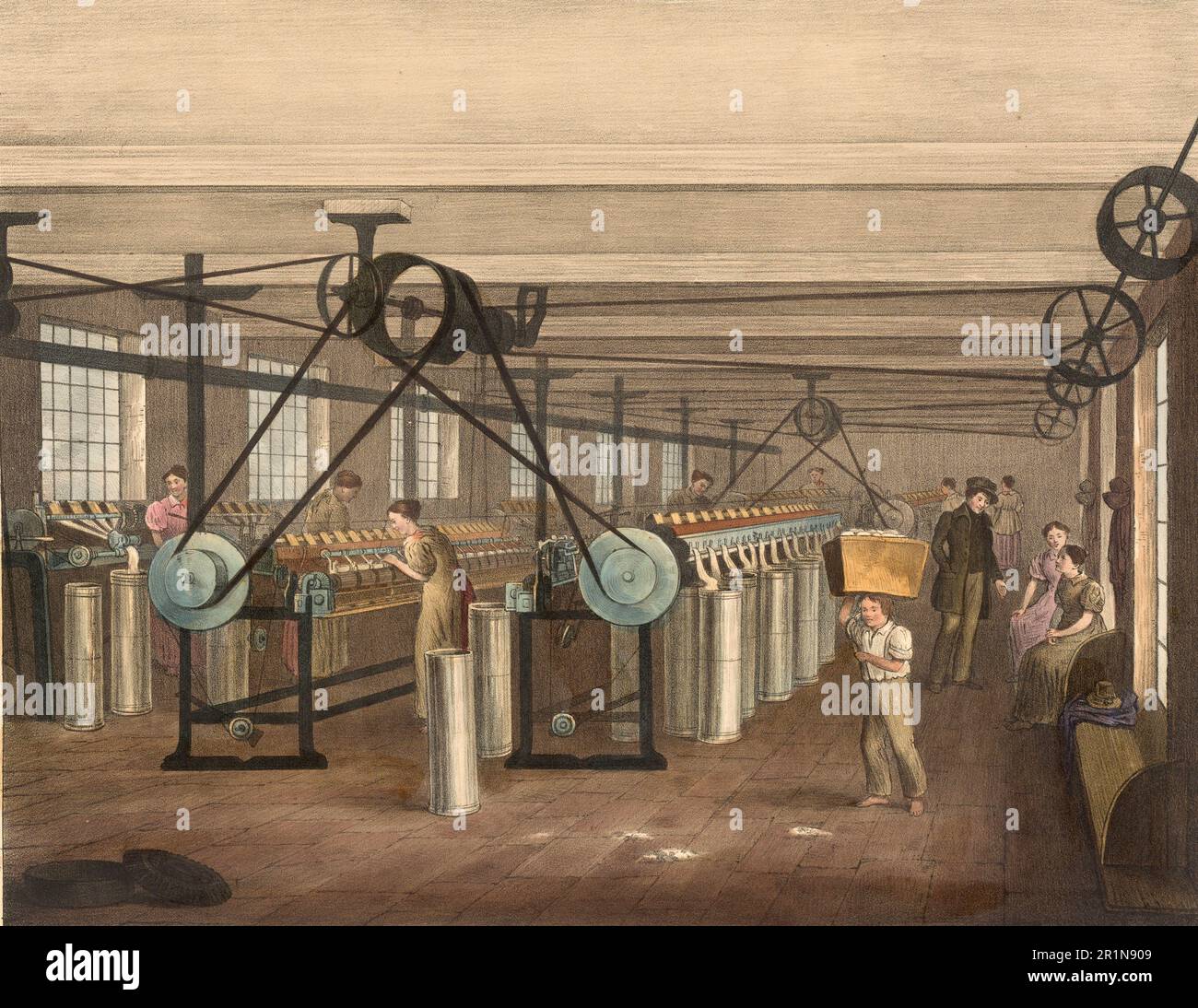 The processing of cotton, here bobbins and stretching frame, 1810, America, Historic, digitally restored reproduction from a 19th century original  /  Die Verarbeitung der Baumwolle, hier Spulen und Streckrahmen, 1810, Amerika, Historisch, digital restaurierte Reproduktion von einer Vorlage aus dem 19. Jahrhundert Stock Photo