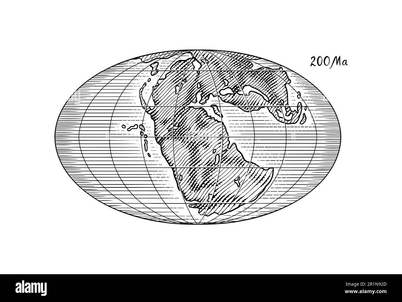 Plate tectonics on the planet Earth. Pangaea. Continental drift. Supercontinent at 200 Ma. Era of the dinosaurs. Jurassic period. Mesozoic. Hand drawn Stock Vector