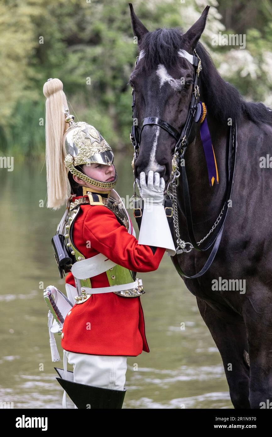 PHOTO:JEFF GILBERT 13th May 2023. Trooper Amy Brook, Household Cavalry Mounted Regiment Lifeguard and 1st place Best Turned Out Trooper who will escor Stock Photo