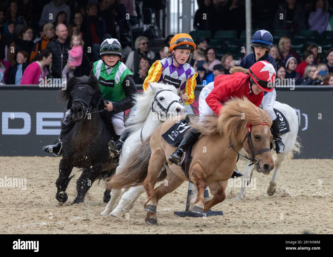 Young riders participate in the Miniature Shetland Grand National in the Castle Arena, on Saturdays Royal Windsor Horse Show, Berkshire, England, UK Stock Photo