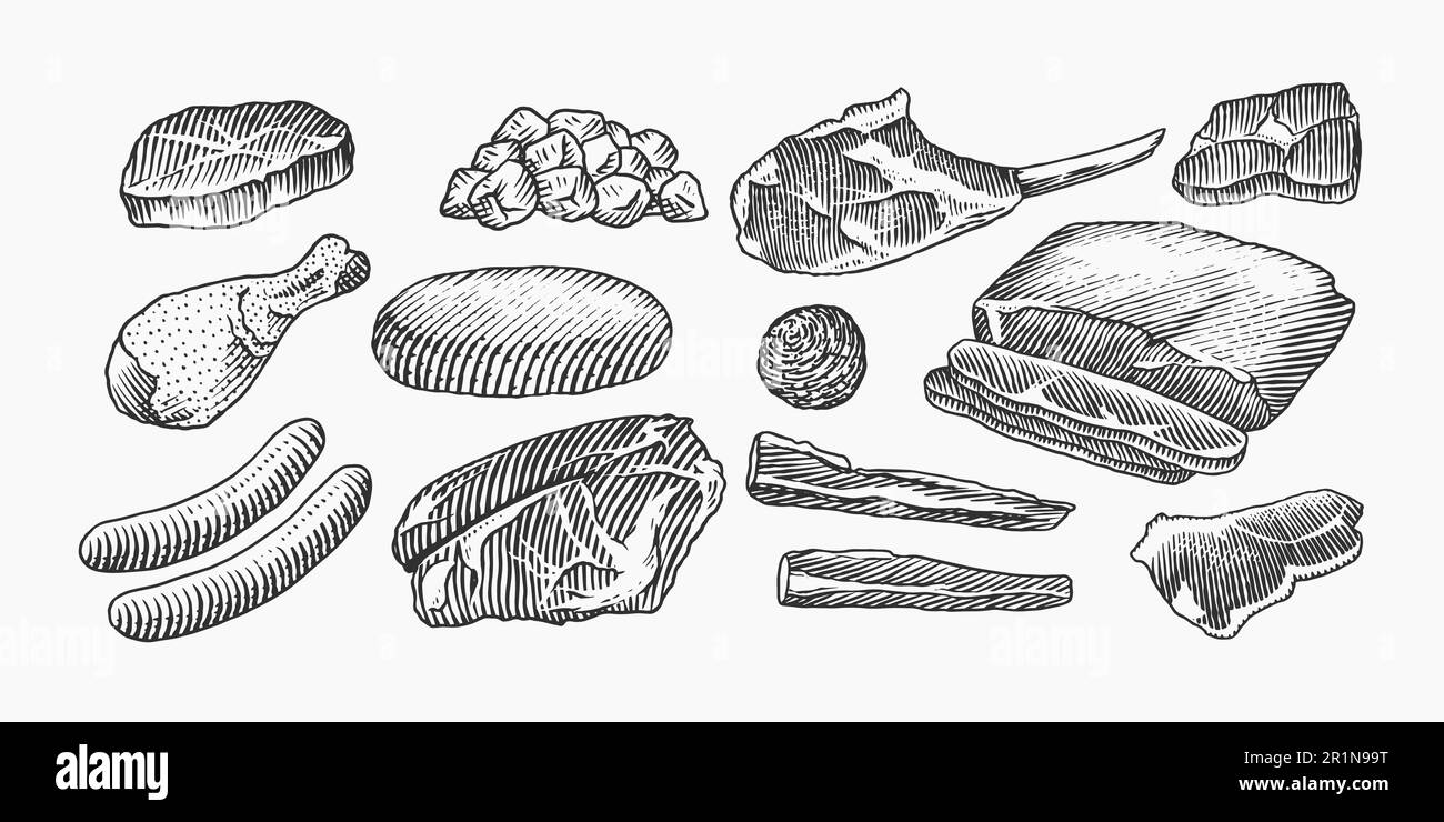 Red meat products. Veal beef, ribs, Bacon, jamon, mortadella, lamb beef