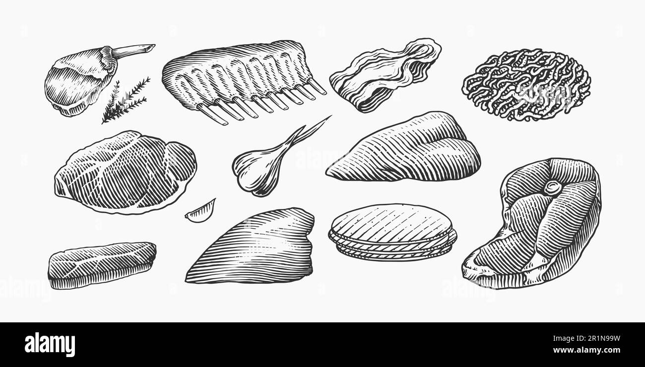 Red meat products. Veal beef, ribs, Bacon, jamon, mortadella, lamb beef