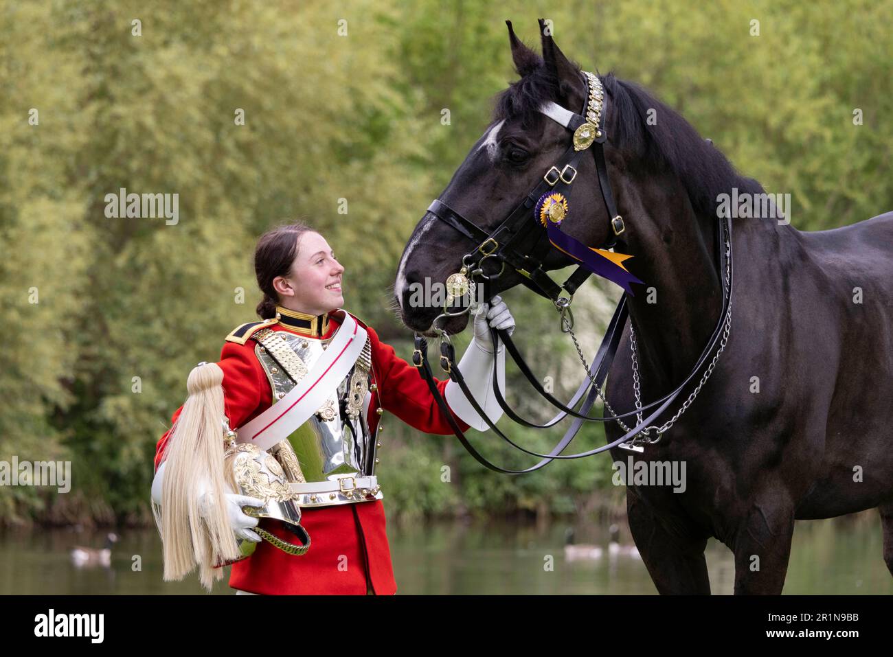 PHOTO:JEFF GILBERT 13th May 2023. Trooper Amy Brook, Household Cavalry Mounted Regiment Lifeguard and 1st place Best Turned Out Trooper who will escor Stock Photo