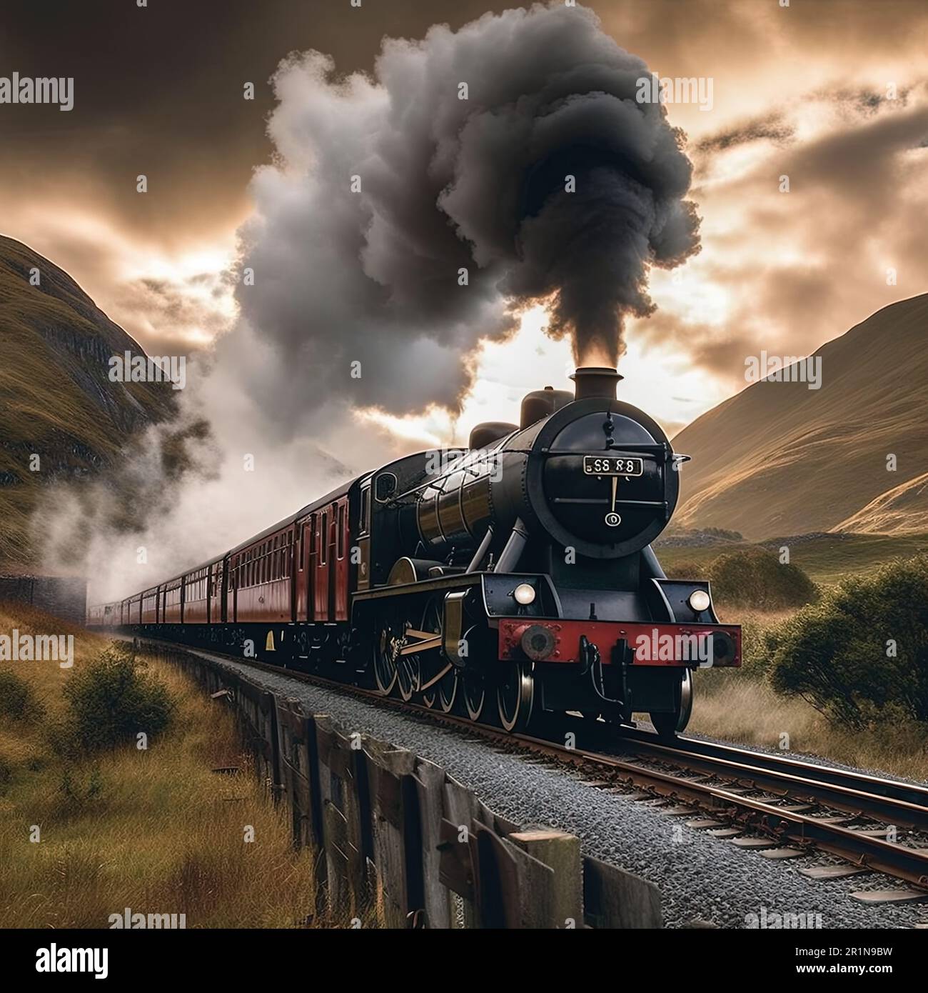 Mountain Steam Majestic Locomotive Amidst Nature Stock Photo