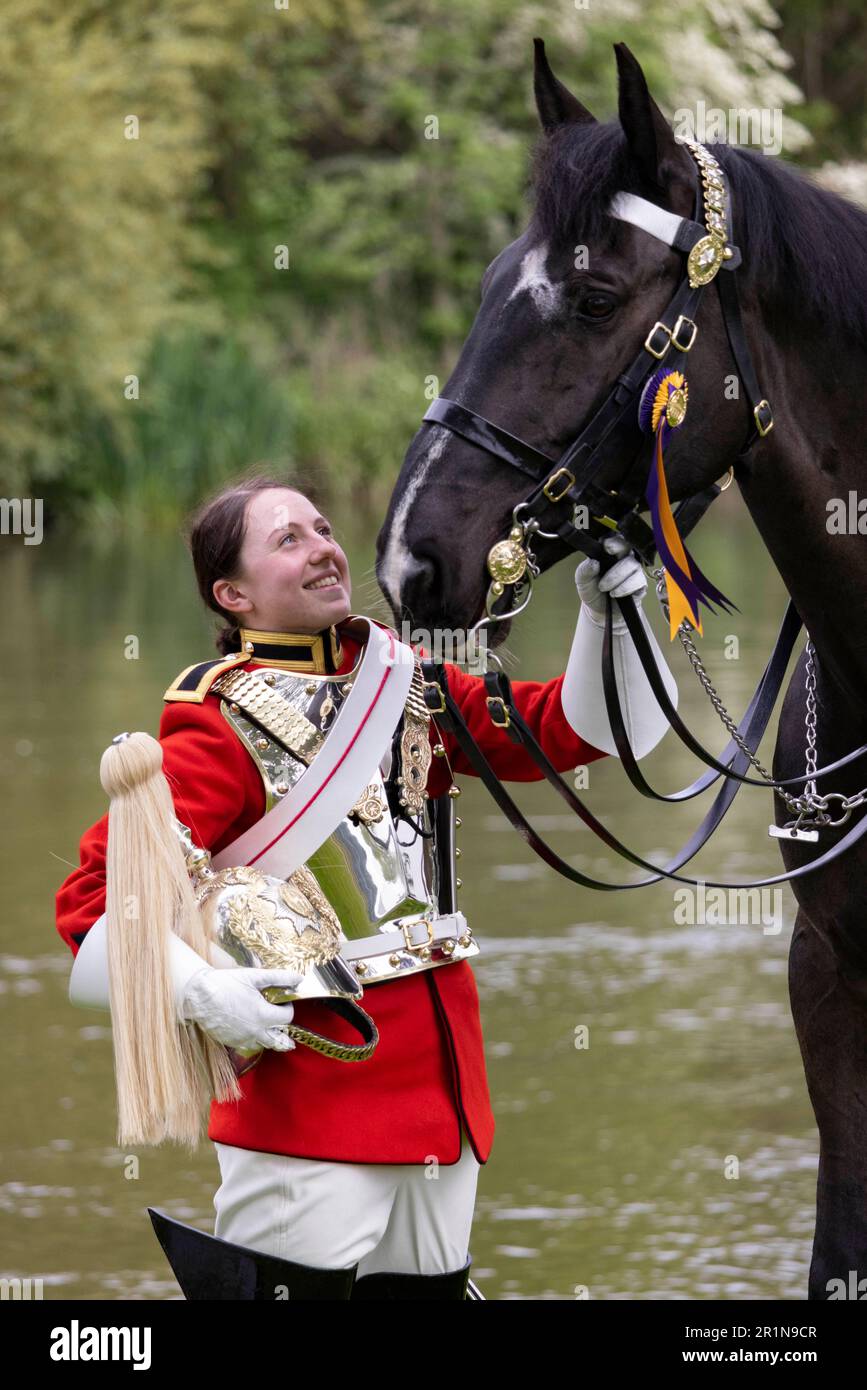 PHOTO:JEFF GILBERT 13th May 2023. Trooper Amy Brook, Household Cavalry Mounted Regiment Lifeguard and 1st place Best Turned Out Trooper who will escor Stock Photo