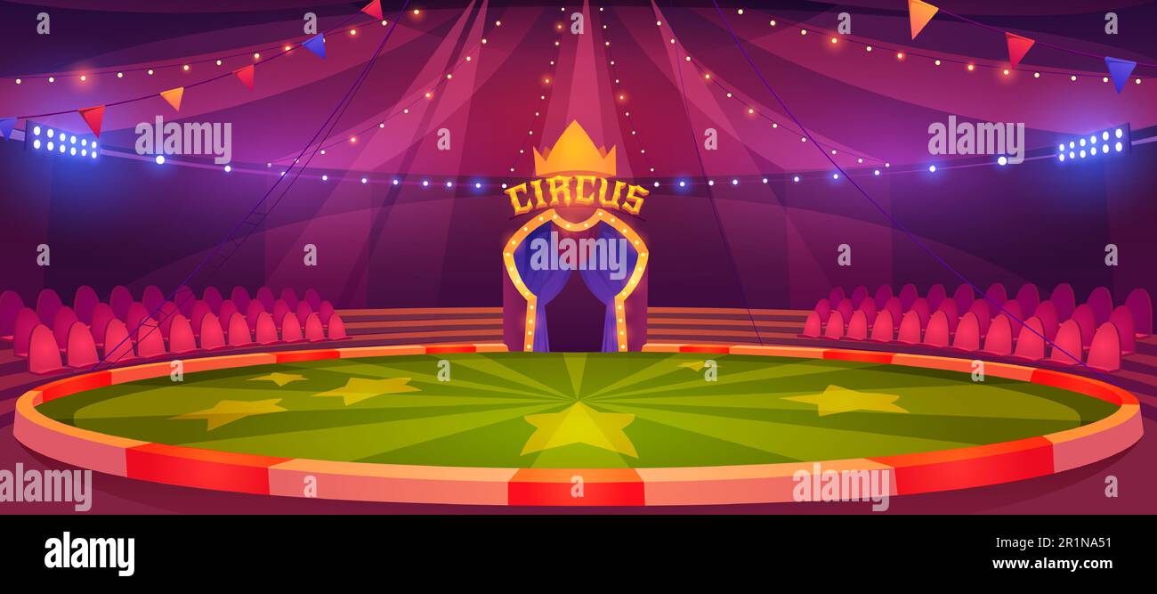 Circus arena, round stage for performance, carnival show. Vector cartoon empty interior inside of cirque tent with scene, seats, flags and searchlights Stock Vector