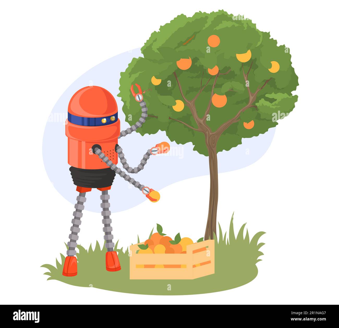 AI robot harvesting in garden picking fruit from tree vector