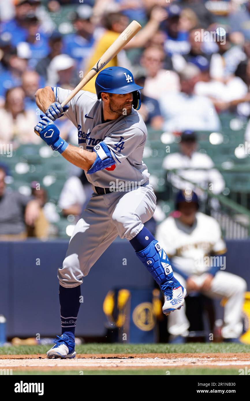 MILWAUKEE, WI - MAY 10: Los Angeles Dodgers third baseman Chris Taylor (3)  bats during an MLB game against the Milwaukee Brewers on May 10, 2023 at  American Family Field in Milwaukee