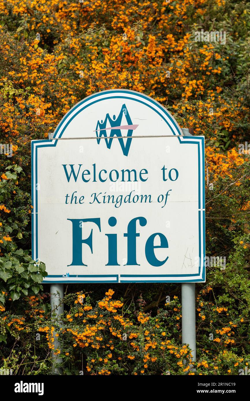 to the Kingdom of Fife sign on the Forth Road Bridge Stock