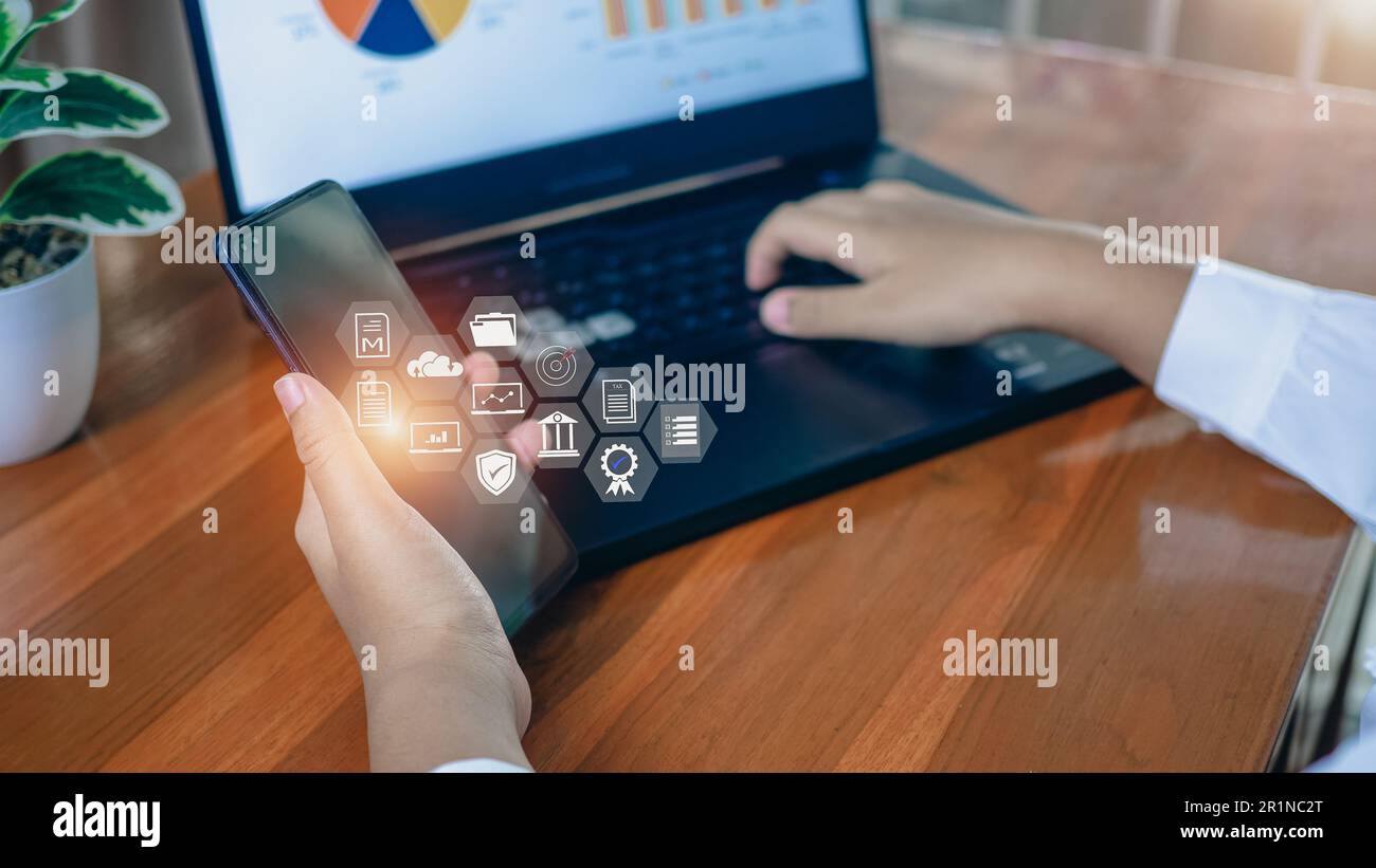 Human hand working on computer. business concept and communication technology Stock Photo