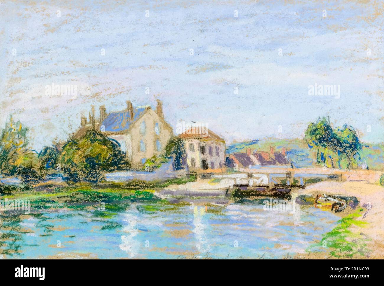 Alfred Sisley, Houses On The Edge Of The Lock of La Gazonne, landscape drawing before 1899 Stock Photo