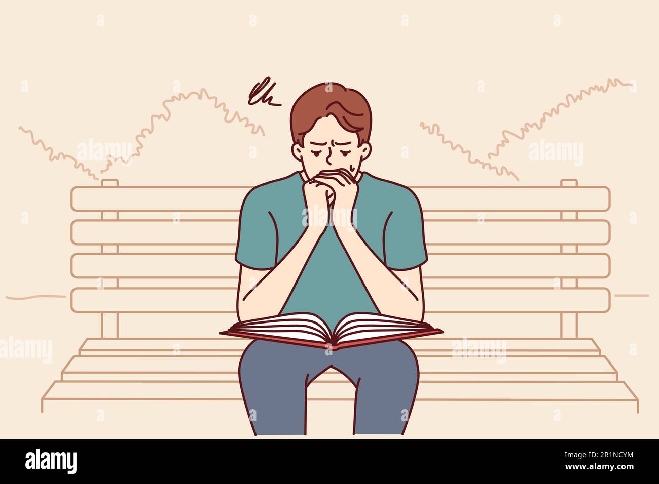 Man prays reads holy bible or gospel sitting on bench in public park. Believing guy turns to god and prays asking almighty from christian or catholic religion for help in solving problems Stock Vector