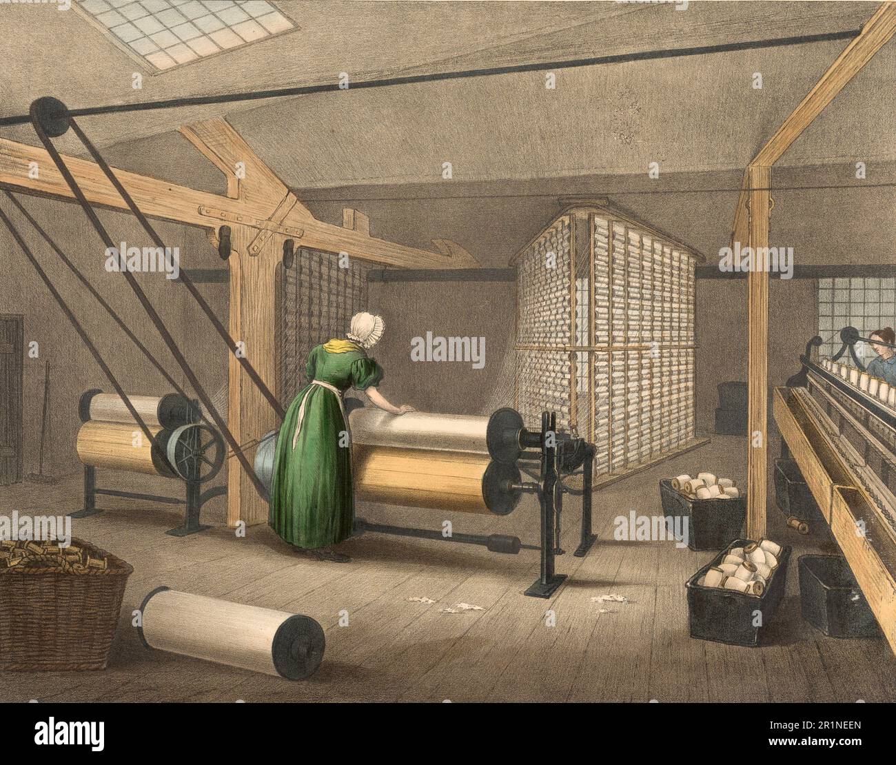 Textile industry, The processing of cotton around 1840, Warping and winding, Historical, digitally restored reproduction from a 19th-century original  /  Textilindustrie, Die Verarbeitung der Baumwolle um 1840, Verziehen und Aufwickeln, Historisch, digital restaurierte Reproduktion von einer Vorlage aus dem 19. Jahrhundert Stock Photo